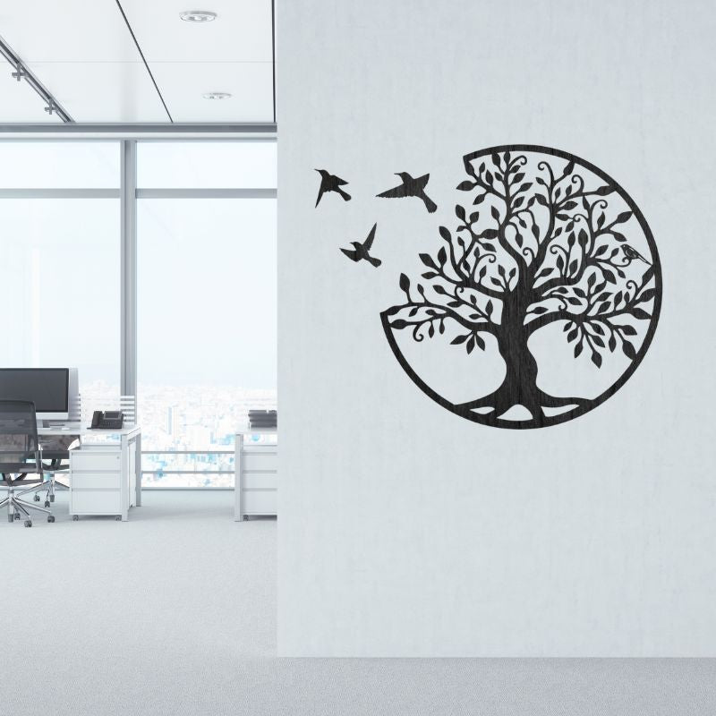 Tree of Life Wooden MDF Wall Art – Round Design with Birds