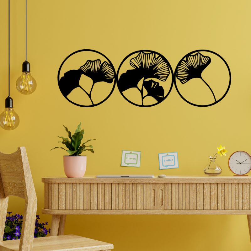 Set of 3 Ginkgo Leaf Circle Wall Art – Minimalist Wooden Decor for Modern Interiors