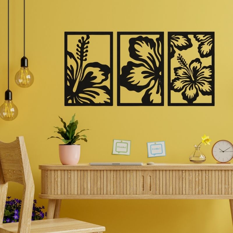 3-Piece Floral Wall Art Set – Modern Black Wooden Flower Design Frames