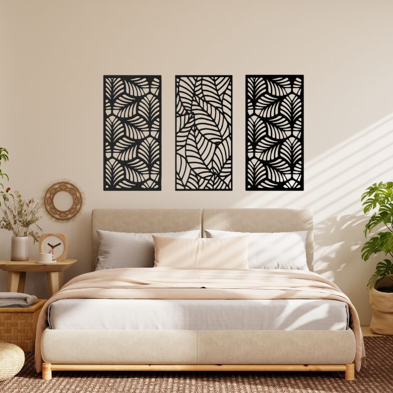 Wooden Leaf Wall Art – Set of 3 Geometric Panels for Modern Decor
