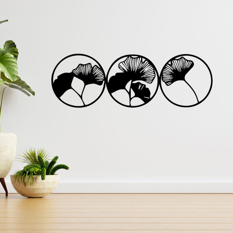Set of 3 Ginkgo Leaf Circle Wall Art – Minimalist Wooden Decor for Modern Interiors