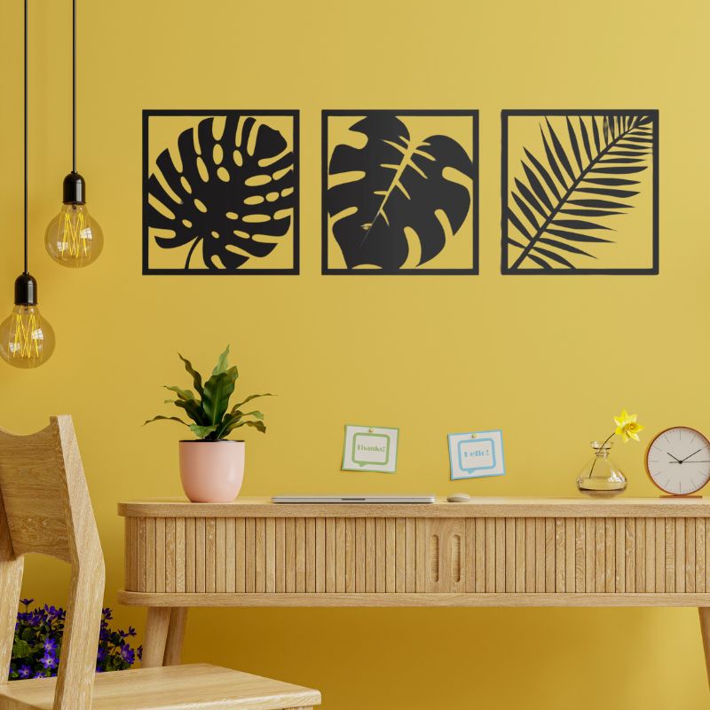 Set of 3 Minimalist Black Leaf Wall Art – Modern Wooden Wall Decor for Living Room