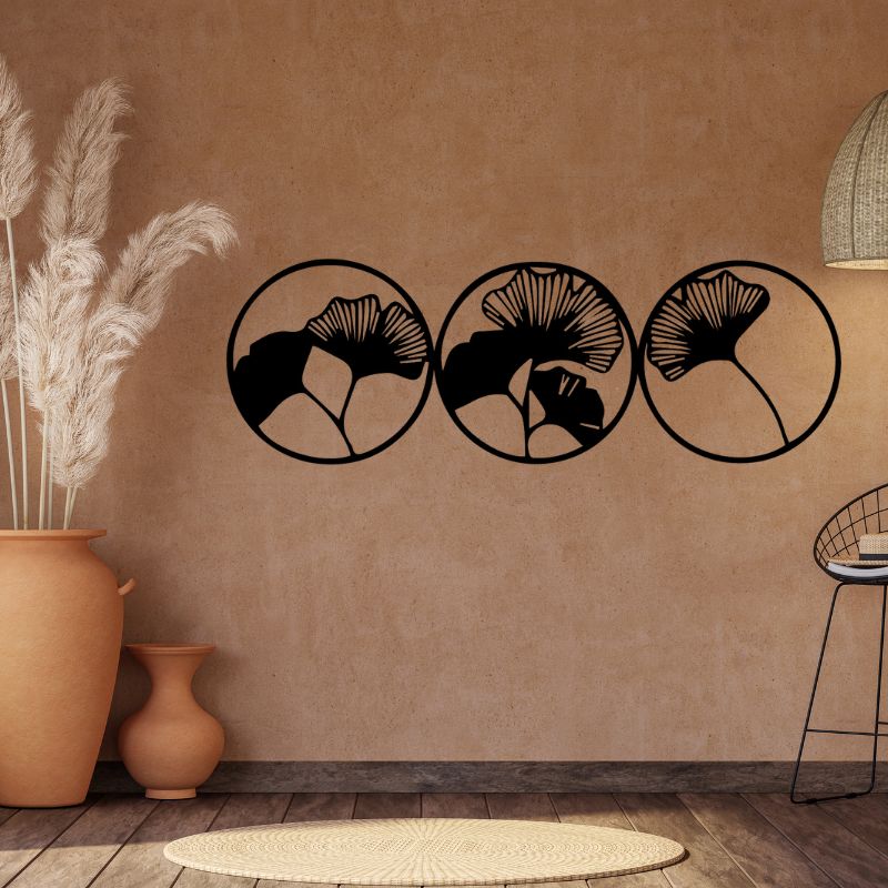 Set of 3 Ginkgo Leaf Circle Wall Art – Minimalist Wooden Decor for Modern Interiors