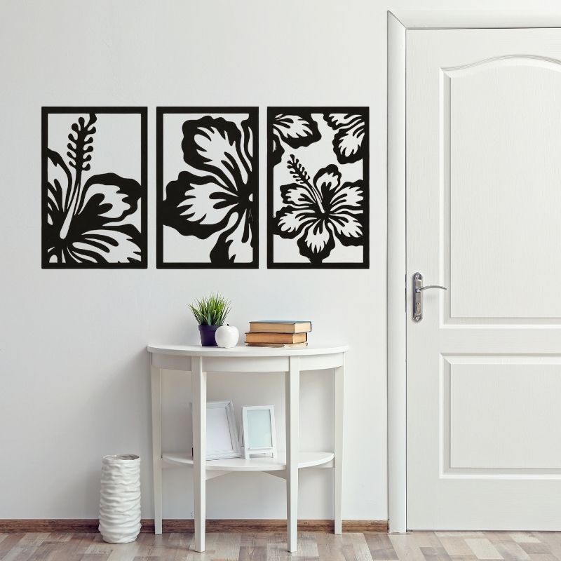 3-Piece Floral Wall Art Set – Modern Black Wooden Flower Design Frames
