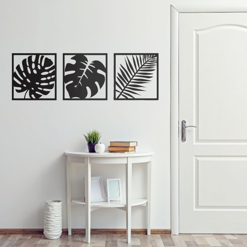Set of 3 Minimalist Black Leaf Wall Art – Modern Wooden Wall Decor for Living Room