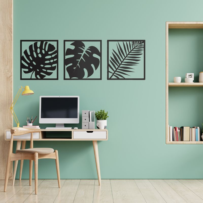 Set of 3 Minimalist Black Leaf Wall Art – Modern Wooden Wall Decor for Living Room