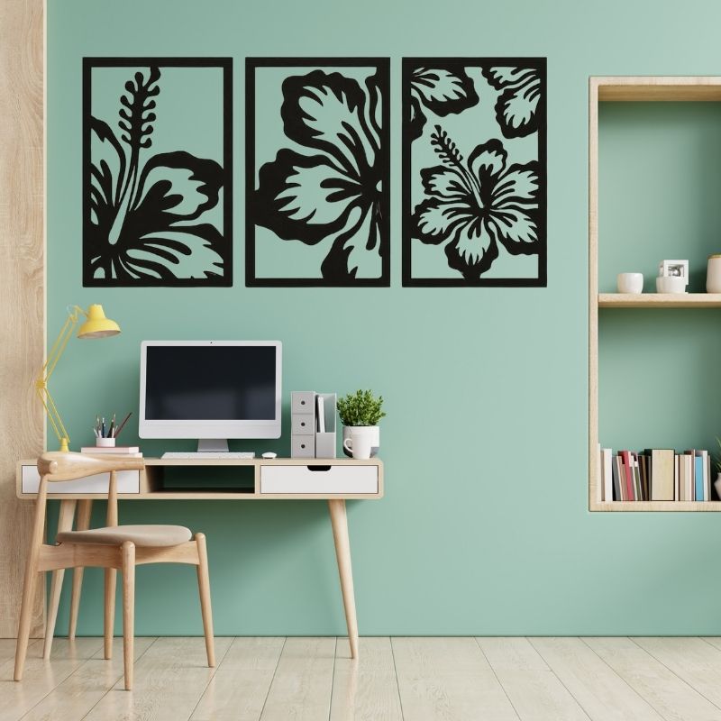 3-Piece Floral Wall Art Set – Modern Black Wooden Flower Design Frames