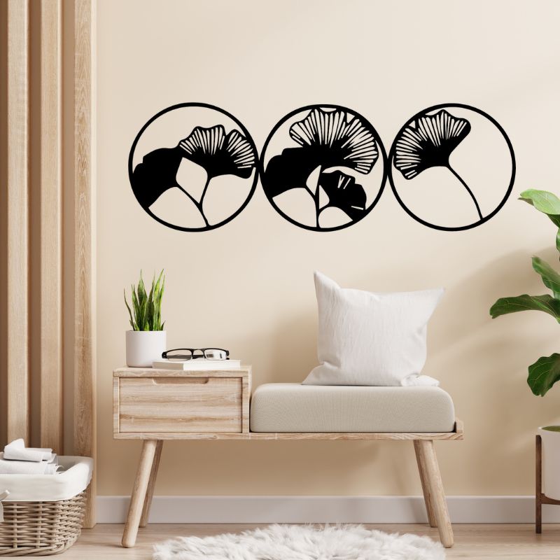 Set of 3 Ginkgo Leaf Circle Wall Art – Minimalist Wooden Decor for Modern Interiors