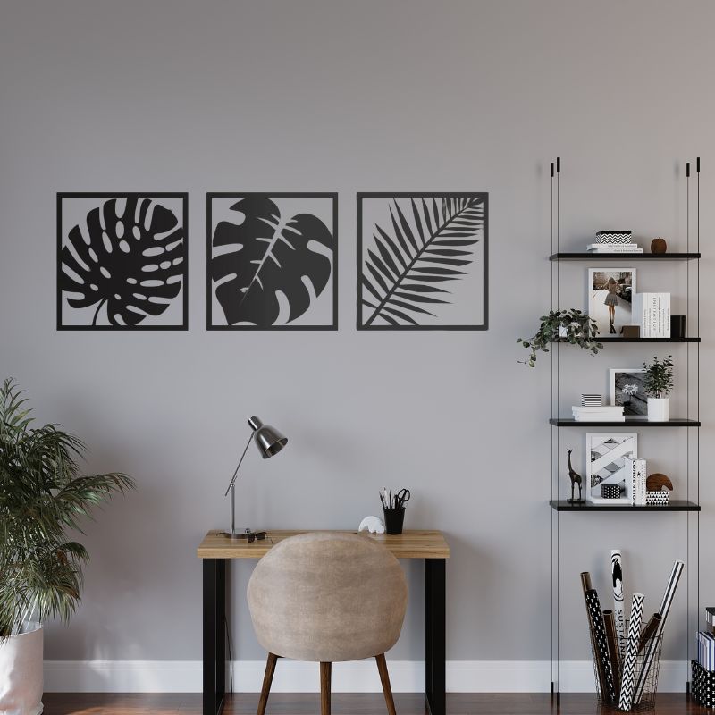 Set of 3 Minimalist Black Leaf Wall Art – Modern Wooden Wall Decor for Living Room