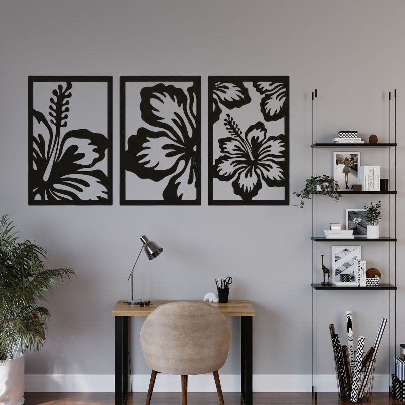 3-Piece Floral Wall Art Set – Modern Black Wooden Flower Design Frames