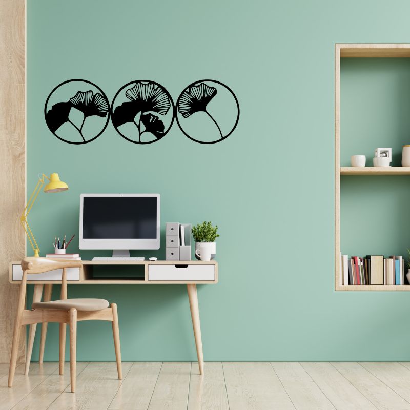 Set of 3 Ginkgo Leaf Circle Wall Art – Minimalist Wooden Decor for Modern Interiors