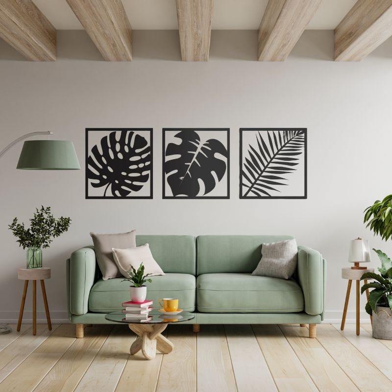 Set of 3 Minimalist Black Leaf Wall Art – Modern Wooden Wall Decor for Living Room