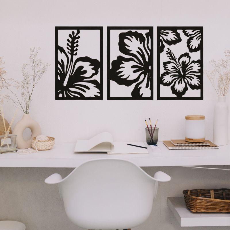 3-Piece Floral Wall Art Set – Modern Black Wooden Flower Design Frames
