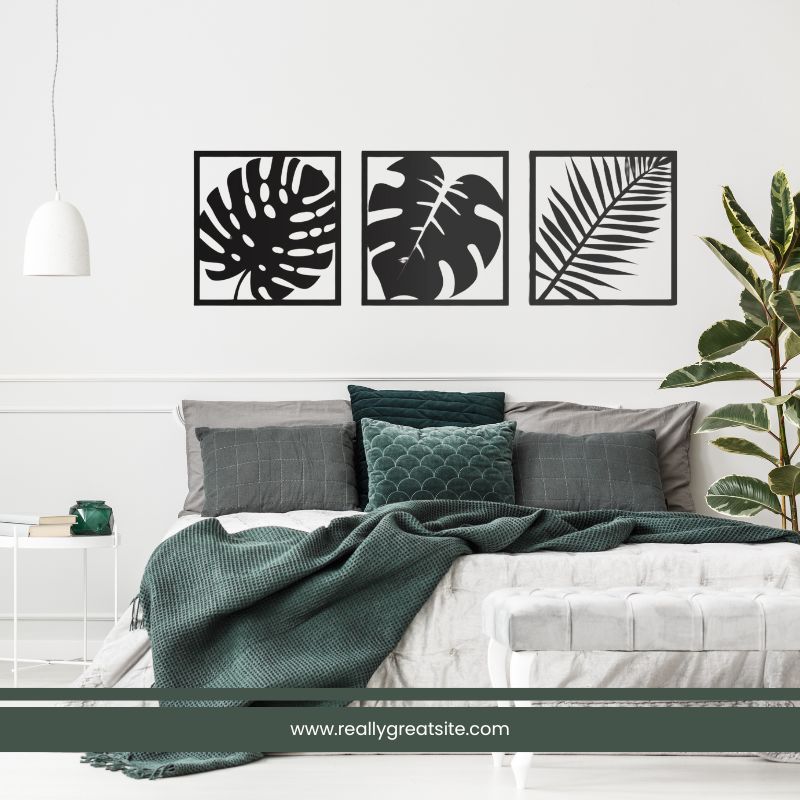 Set of 3 Minimalist Black Leaf Wall Art – Modern Wooden Wall Decor for Living Room