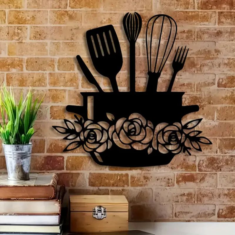 Acrylic 3D “Eating” Wall Sign with Utensils & Floral Accents – Kitchen Decor