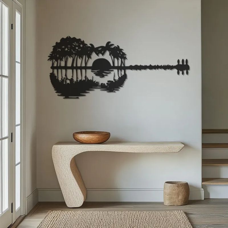 Guitar Landscape Wall Art – Sunset Palm Tree Design | Premium Acrylic Decor