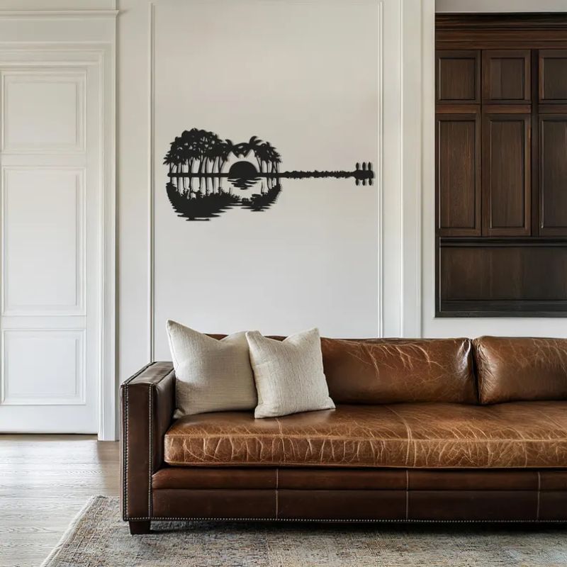Guitar Landscape Wall Art – Sunset Palm Tree Design | Premium Acrylic Decor