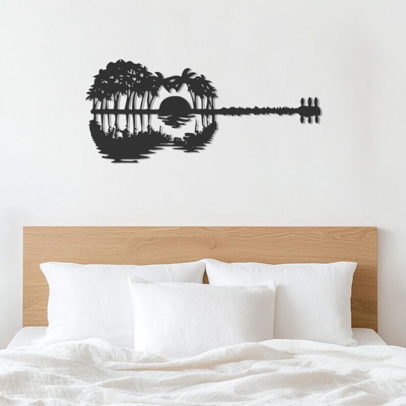 Guitar Landscape Wall Art – Sunset Palm Tree Design | Premium Acrylic Decor