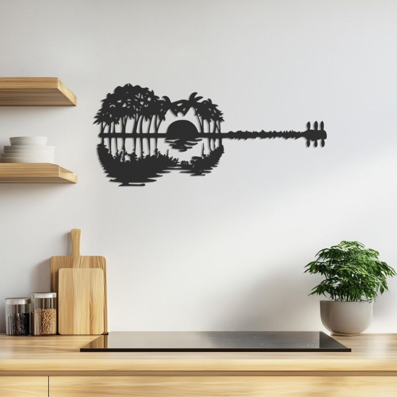 Guitar Landscape Wall Art – Sunset Palm Tree Design | Premium Acrylic Decor