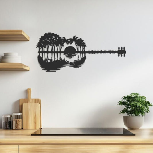 Guitar Landscape Wall Art – Sunset Palm Tree Design | Premium Acrylic Decor