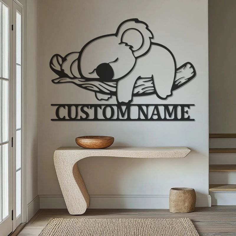 Custom Name Sleeping Koala – Premium Black Acrylic Wall Decor
