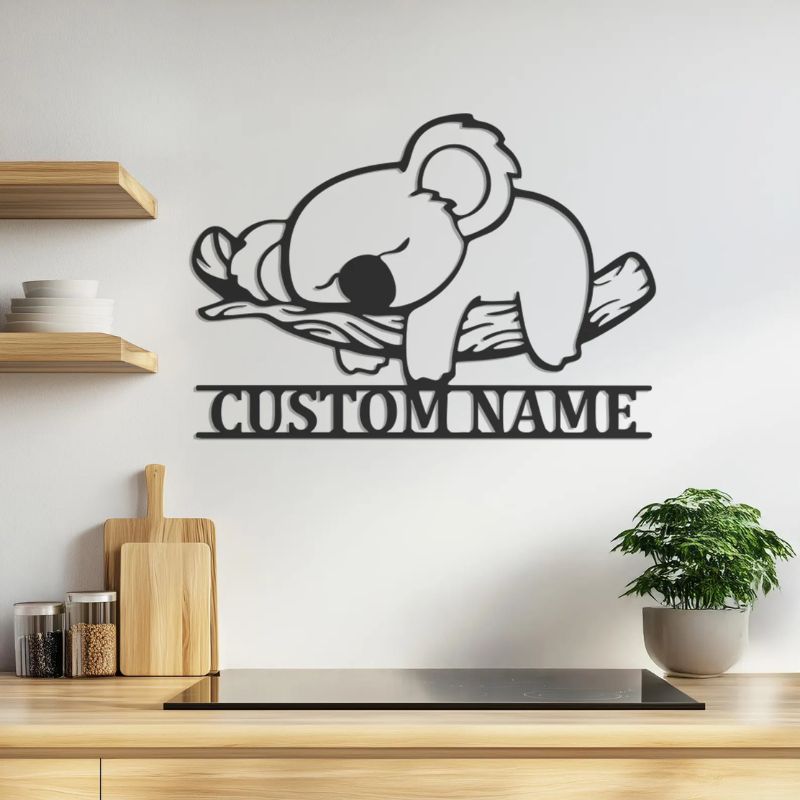 Custom Name Sleeping Koala – Premium Black Acrylic Wall Decor