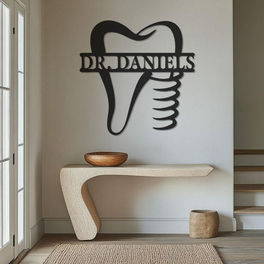 Custom Name Dentist Wall Decor – Premium Black Acrylic Tooth Logo Sign