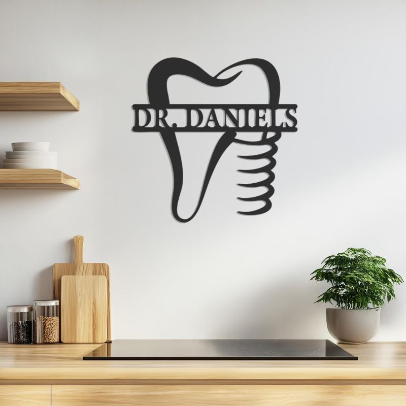 Custom Name Dentist Wall Decor – Premium Black Acrylic Tooth Logo Sign