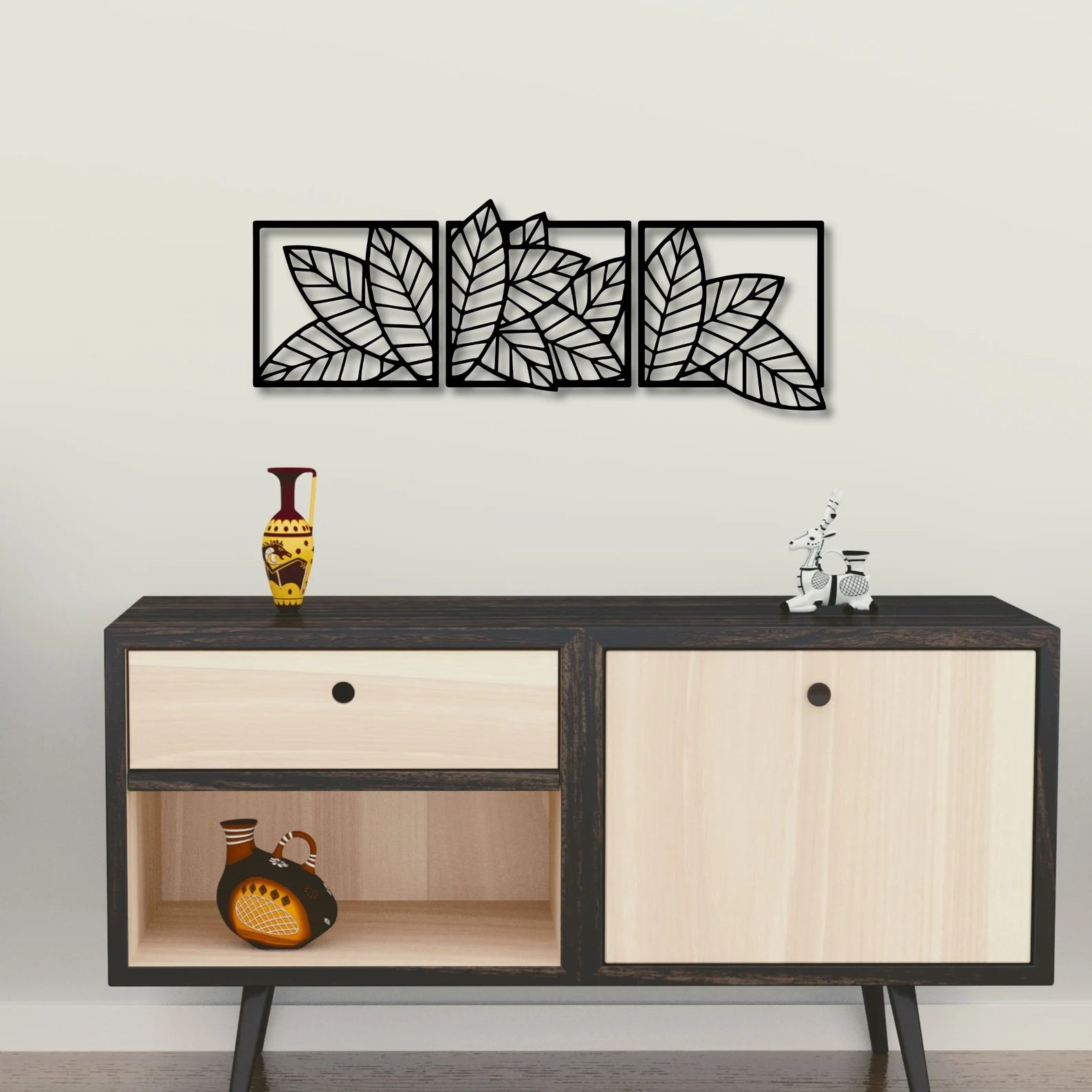 Wooden Set of 3 Palm & Banana Leaf Wall Decor for Home & Office