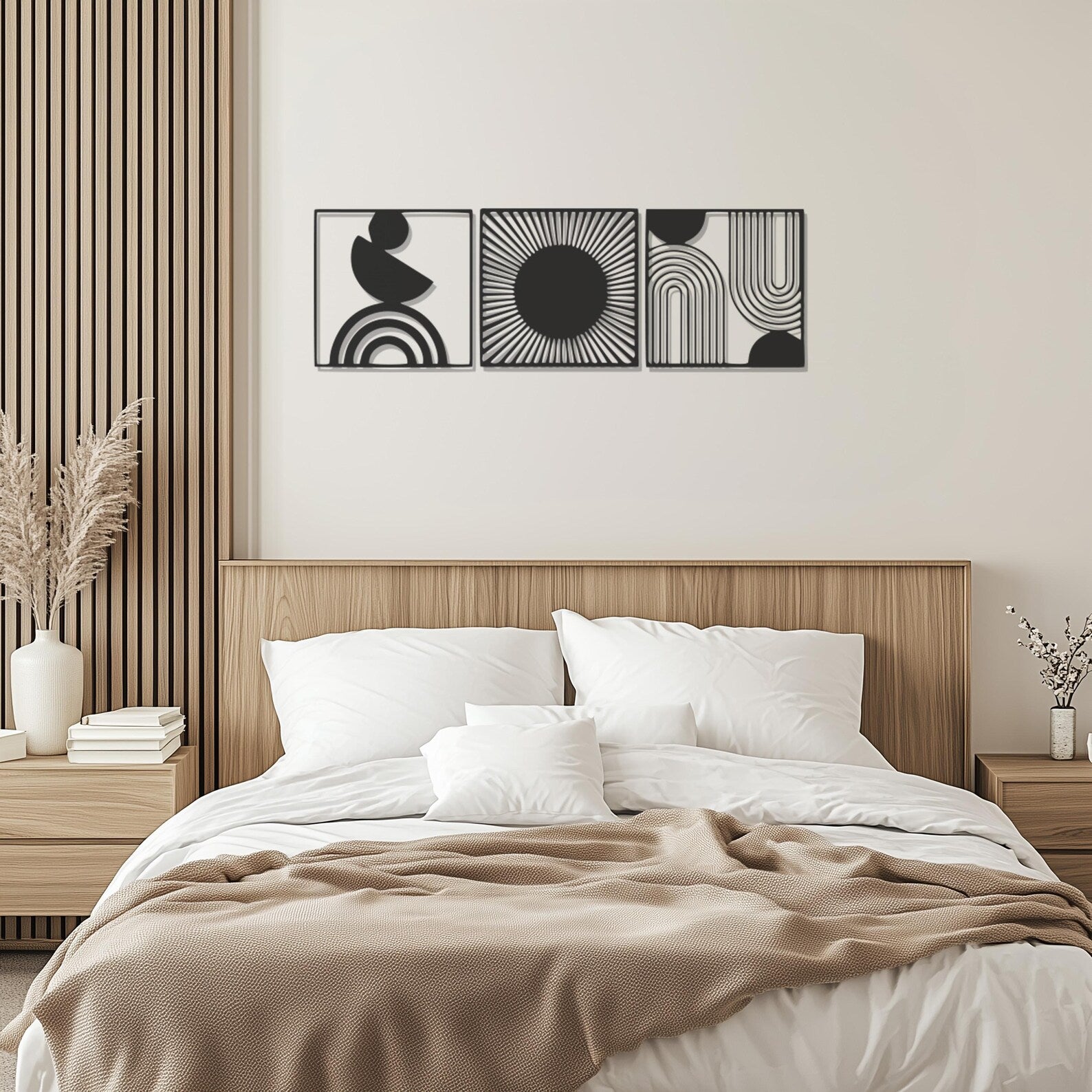 Boho Wooden Wall Art Set – Abstract Design for Modern Living Room or Bedroom Wall Decor